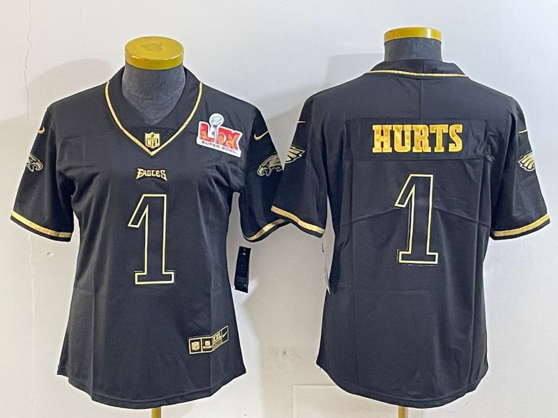 Women Philadelphia Eagles 1 Hurts Black gold 2025 Nike Vapor Limited NFL Jersey style 2